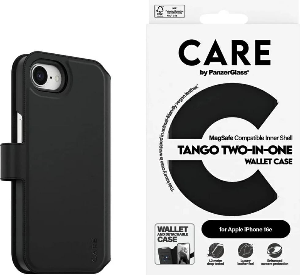 Mbështjellës PanzerGlass CARE Tango 2in1 Wallet Case për iPhone 16e, e zezë