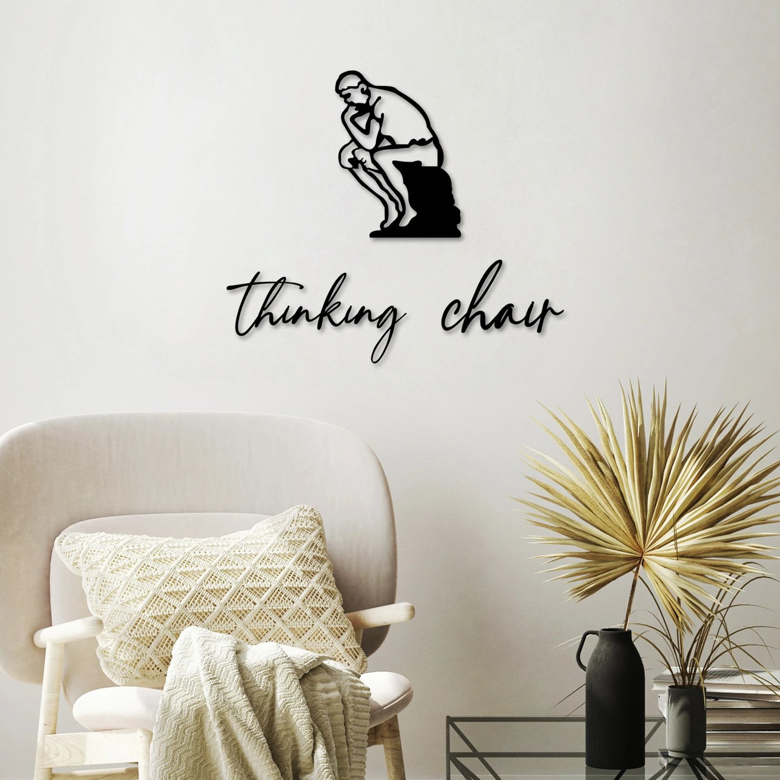 Aksesor dekorativ metalik për mur, Thinking Chair, ngjyrë e zezë, set prej 3 pjesësh