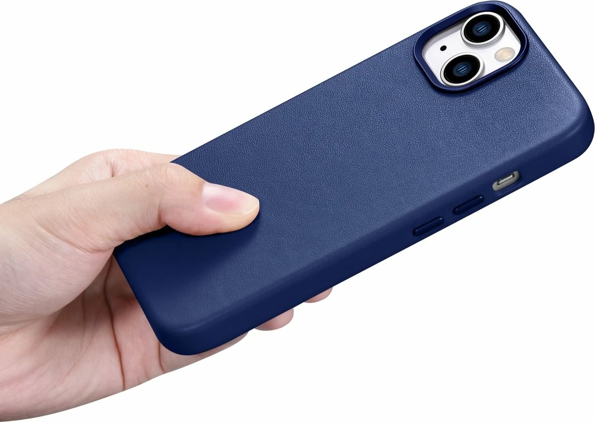 Mbështjellës iCarer për iPhone 14 Plus, lëkurë natyrale, MagSafe, Kaltër