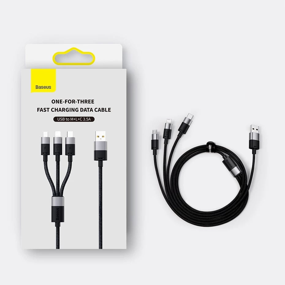 Kabllo 3-në-1 Baseus StarSpeed CAXS000001, 1.2m, USB-A në USB-C/Micro USB/Lightning, e zezë