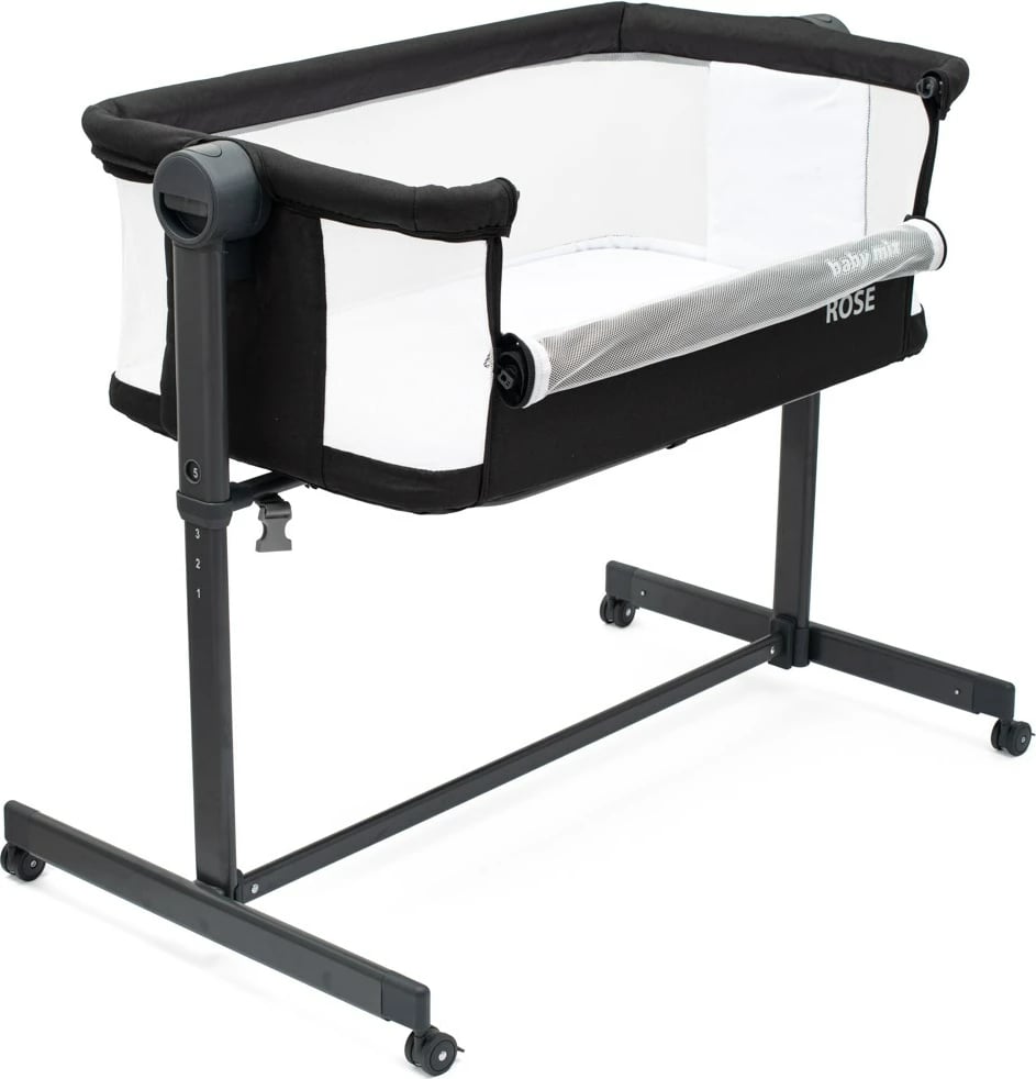 djep anësor Baby Mix Rose me rregullim 5 nivele, rrota me frena, dyshek i përfshirë, kornizë çeliku, zi