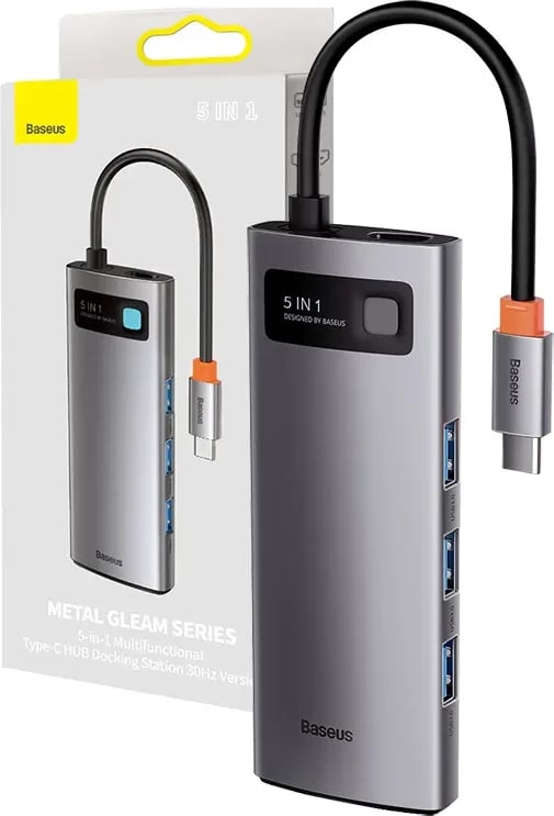 Adapter Baseus 5-në-1, WKWG020013, USB-C në 3x USB 3.0 + HDMI + USB-C PD, Gri