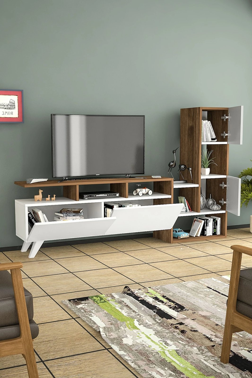 Komodë TV Hanah Home, Tower, e bardhë dhe arre