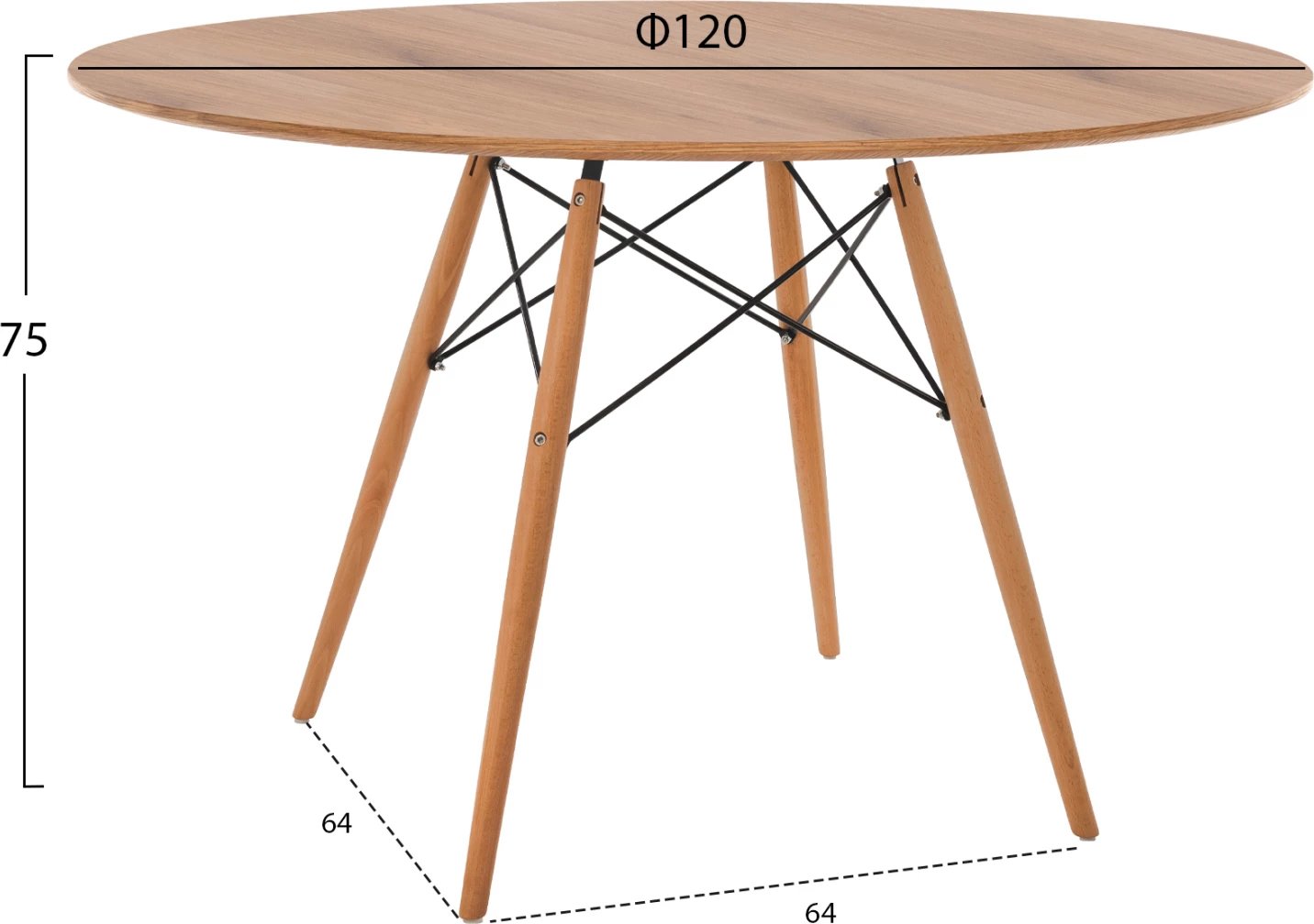 Tavolinë ngrënieje rrethore minimaliste, MDF ngjyrë druri natyral, këmbë druri ahu natyrale, FH8454.04, 120x75cm