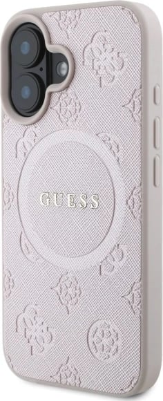 Mbështjellës Guess Saffiano Peony Classic Logo MagSafe për iPhone 16, Rozë