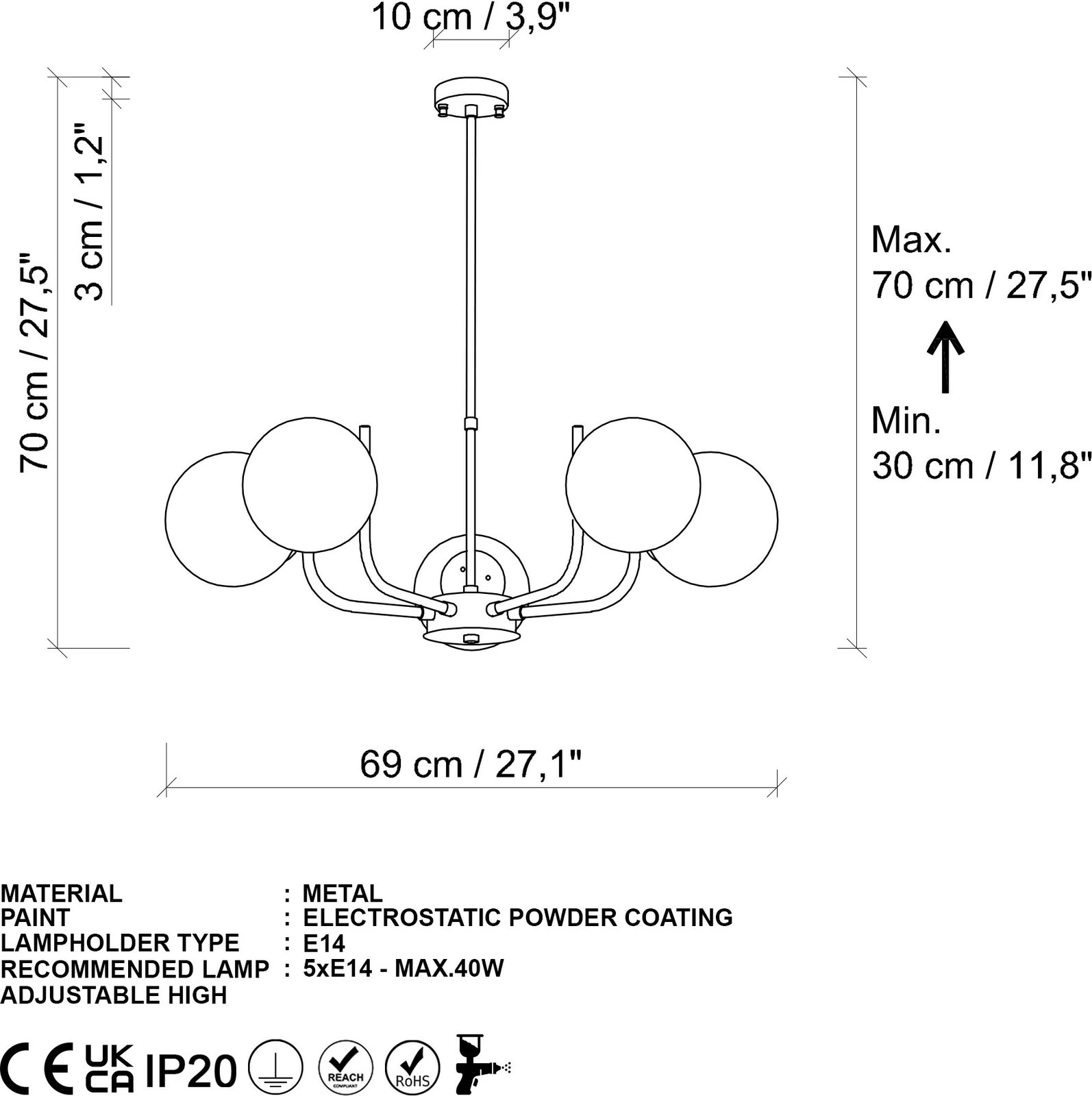 Llambë tavani Opviq, Antler, e zezë, 69cm