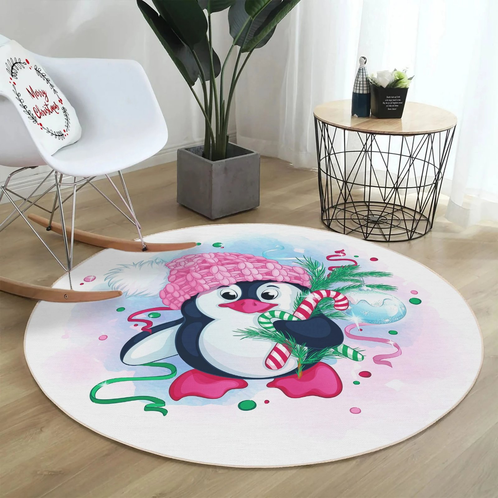 Qilim i rrumbullakët, shumëngjyrësh, dizajn me pinguin, 80cm, Woopamuk459