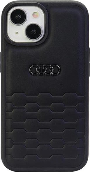 Mbështjellës Audi GT për iPhone 15 Plus, lëkurë sintetike, i zi