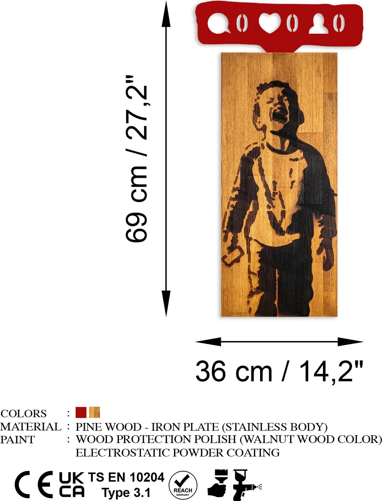 Aksesor dekorativ prej druri për mur, Banksy - Crying Boys, ngjyrë arre dhe e kuqe, 36x69x3cm