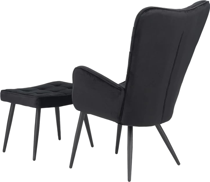Fotel me stol Dorita, kadife e zezë, këmbë metalike të zeza, 68.5x76x103cm