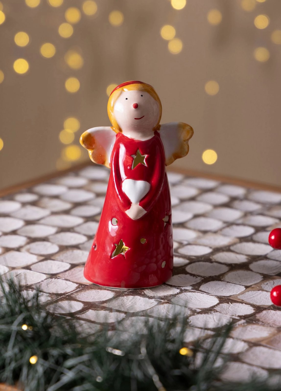 Objekt dekorativ prej qeramike, ngjyrë e kuqe dhe e bardhë, me dritë LED, Evila Originals, SUS0163, 7x5x10cm