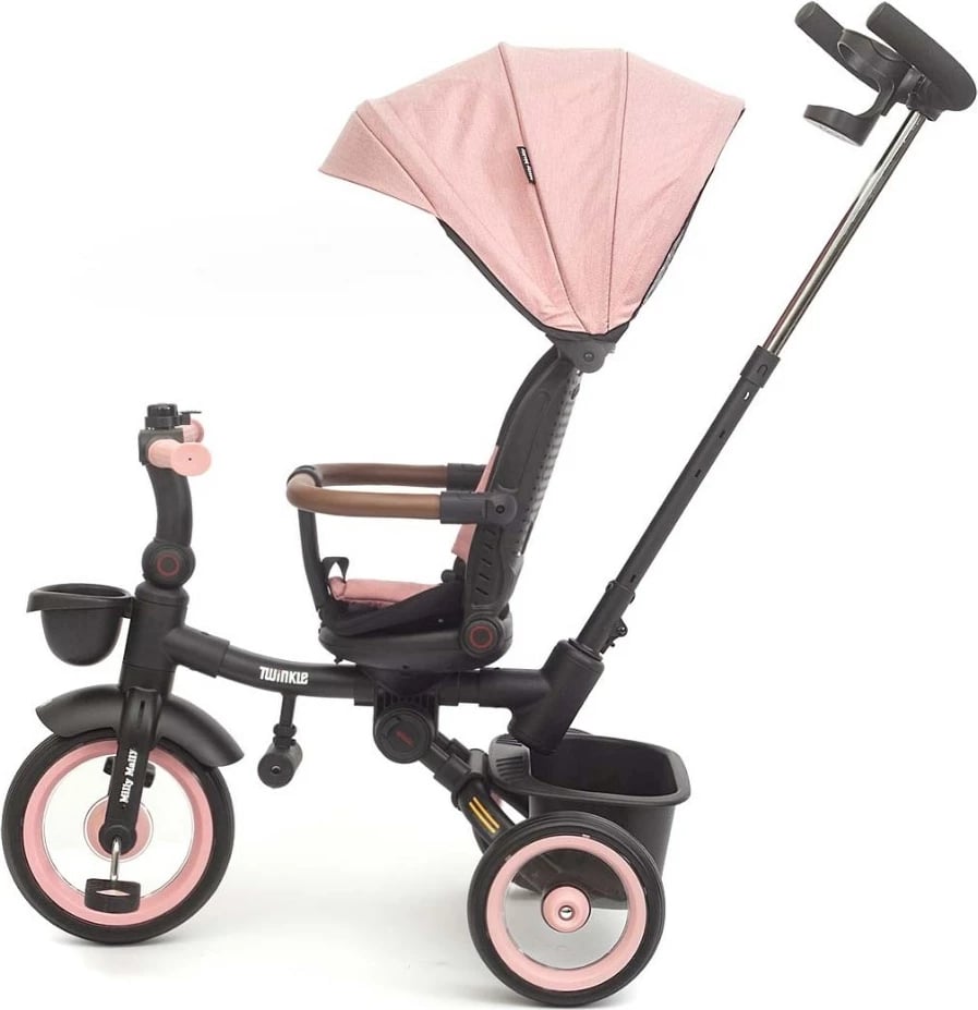 tricikël fëmijësh, Milly Mally Twinkle, sedilje rrotulluese 180°, timon prindëror i rregullueshëm, dritë LED, 12+ muaj, rozë