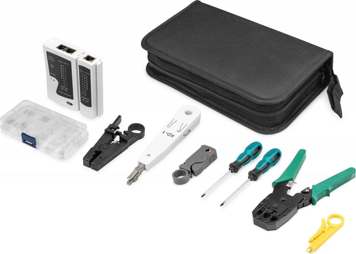Set veglash rrjeti Digitus DN-94027 me testues kabllosh, kaçavida, krimpues dhe çantë tekstili