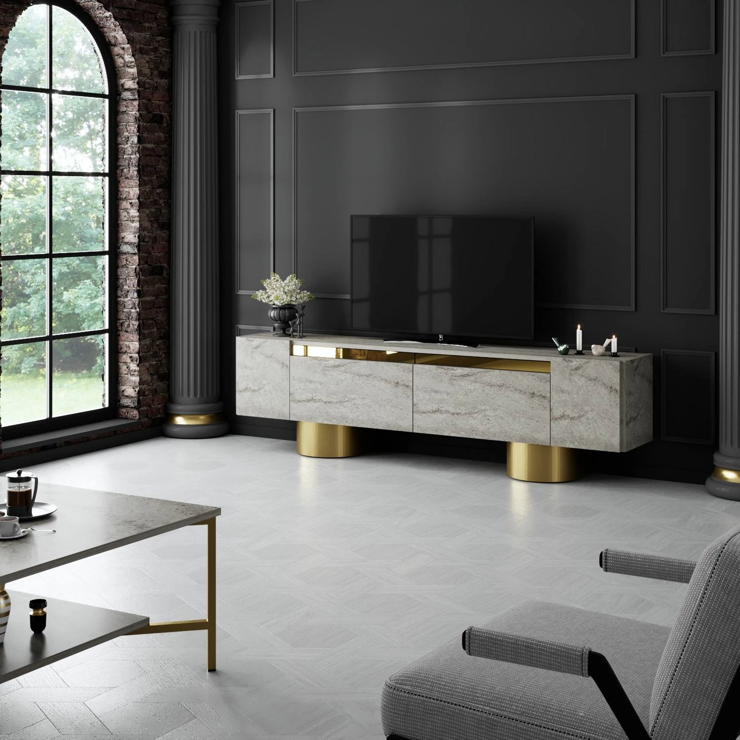 Komodë për TV Hanah Home, bohem, travertin, ar