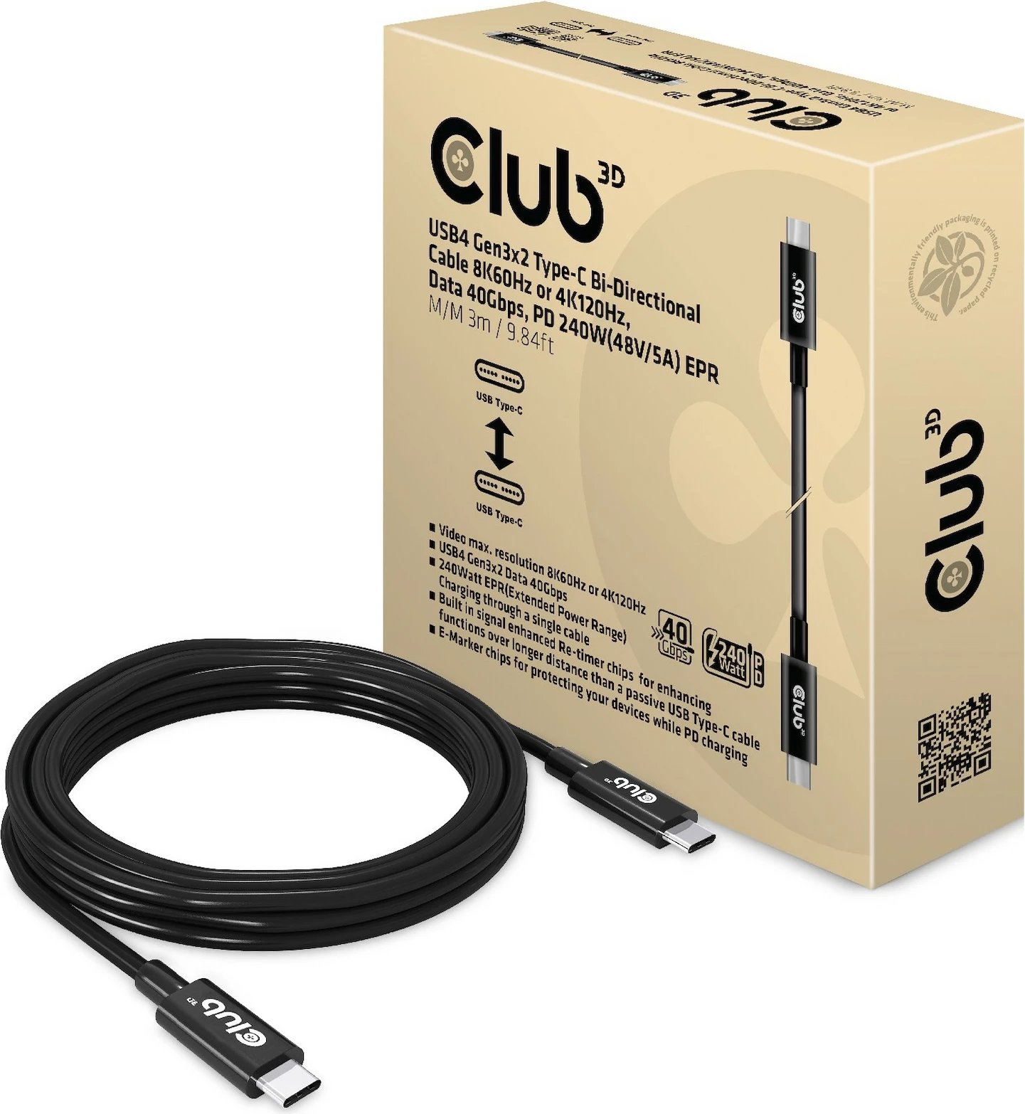Kabllo USB Type-C Club3D 3m, 240W, 8K, 40Gbps, e zezë