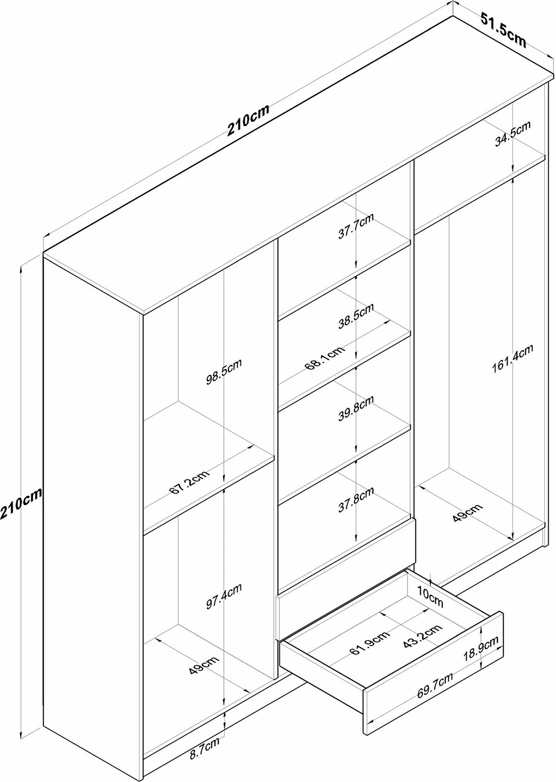 Dollap Hanah Home, BA111 - 2324, ngjyrë arr dhe e bardhë, 210x210x51.5cm