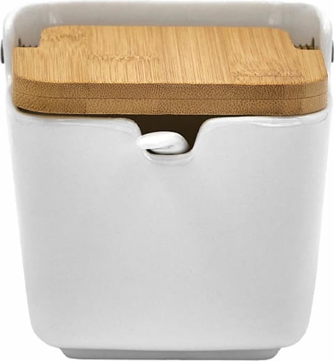 Kavanoz ruajtës me kapak, porcelan i bardhë, bambu natyral, 10x10x9cm