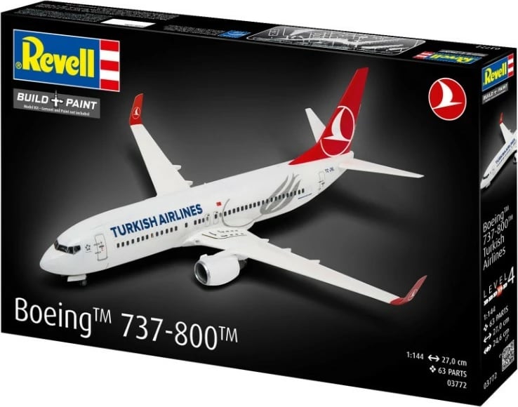 Komplet model plastik Revell Boeing 737-800 Turkish Airlines, 1:144, 63 pjesë, Bardhë/Kuqe