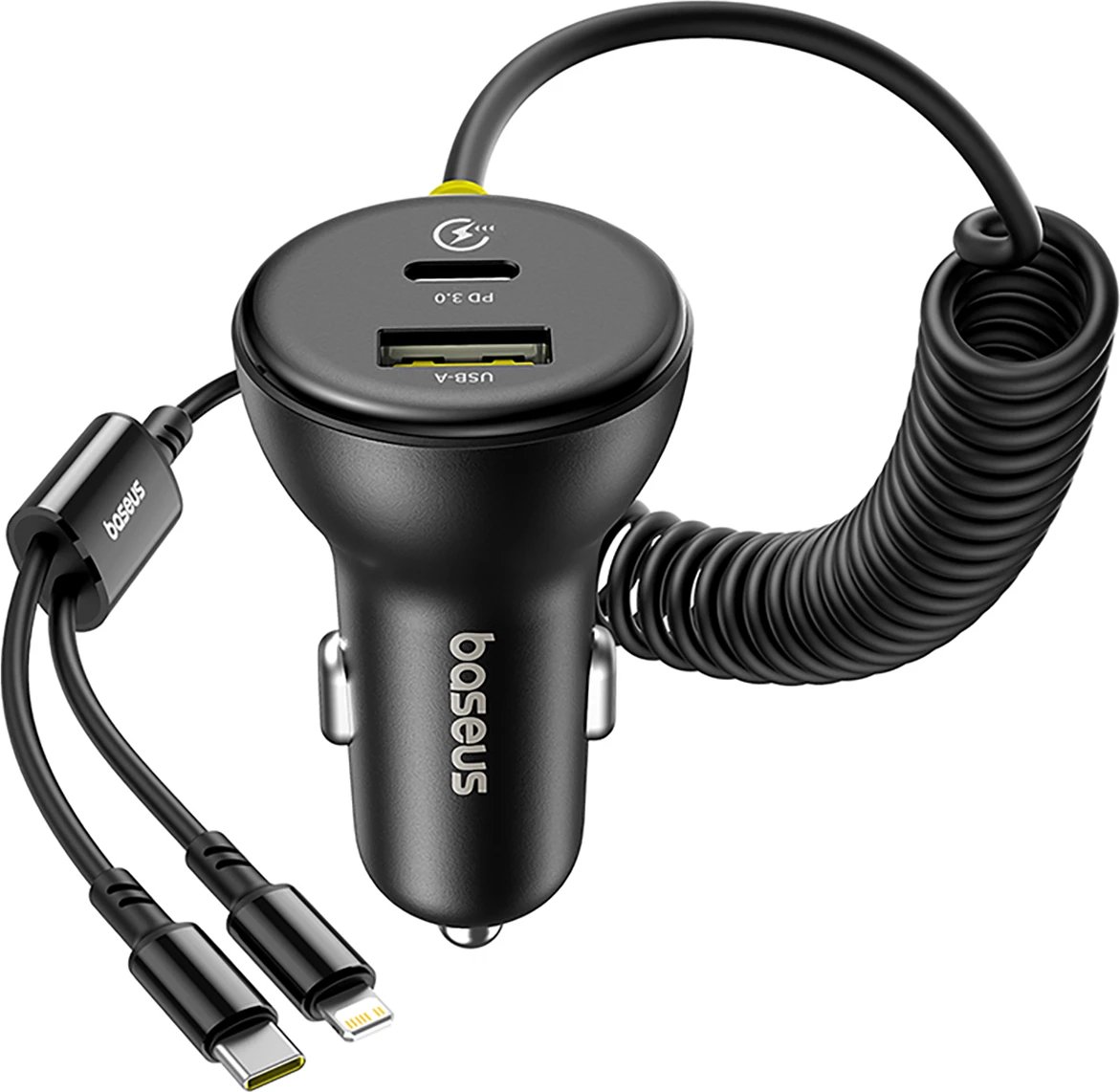 Karikues veture Baseus Circular, 60W, USB-A + USB-C, kabllo e integruar Lightning + USB-C 1.4m, e zezë