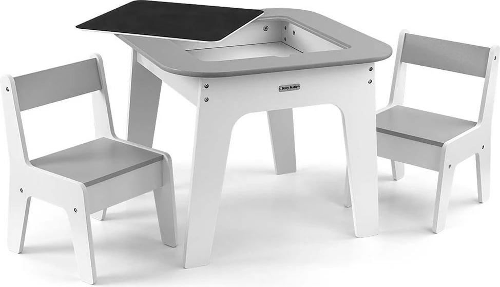 set tavolinë + 2 karrige fëmijësh, Milly Mally Olaf, kapak i dyanshëm me tabelë shkumësi, hapësira magazinimi, MDF, gri