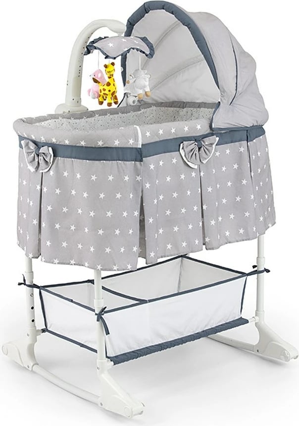 djep multifunksional, Milly Mally, Sweet Melody Star, 4 nivele lartësie, karusel me lodra, vibrim, telekomandë, dyshek i butë, gri