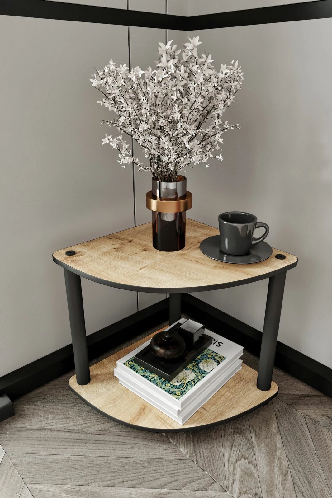 Tavolinë anësore Skye Decor, raft librash 2 nivele, këndore, ngjyrë lisi