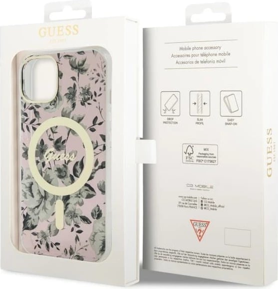 Mbështjellës Guess Flower MagSafe për iPhone 14, Rozë