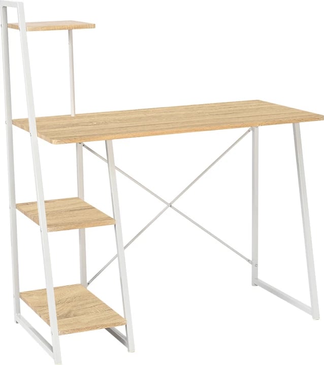 Tavolinë pune me rafte Deckstor, ngjyrë lisi me këmbë metali të bardha, 102x50x117cm