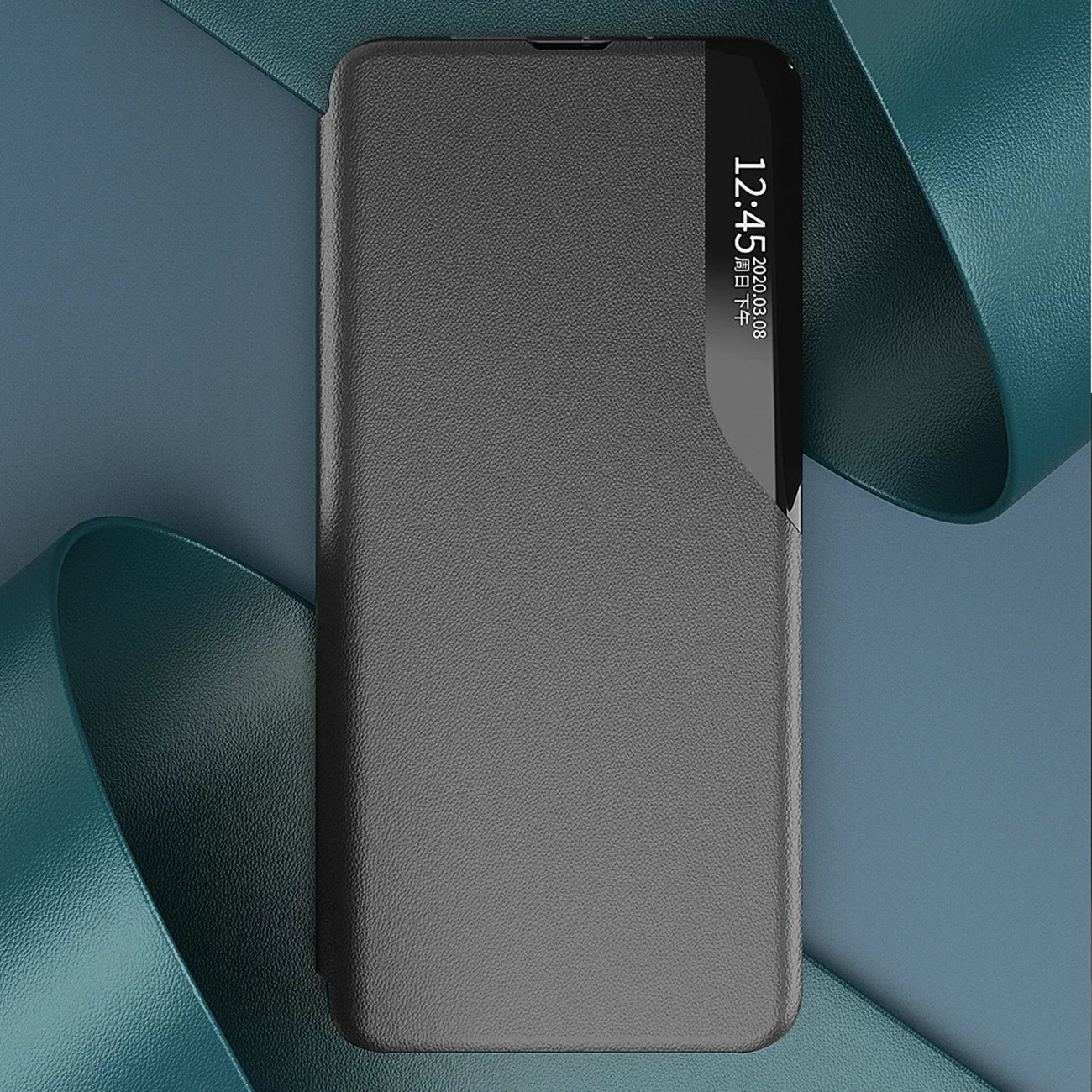 Mbështjellës Hurtel Eco Leather View Case për Samsung Galaxy S25+, e zezë
