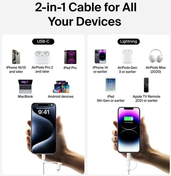 Kabëll 2‑n‑1 USB‑C/Lightning Belkin CAC003HQ1.5MWH 1.5 m 60 W USB 2.0 i bardhë