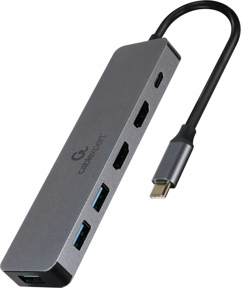 Adapter USB-C Gembird A-CM-COMBO3-03, 3x USB 3.0, 2x HDMI, USB-C PD, Gri