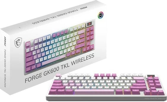 Tastierë mekanike, MSI, FORGE GK600 TKL W VIOLET US, TKL pa numpad, 2.4 GHz/Bluetooth/USB, hot-swap linear, RGB, ekran 1.06", bateri 4000 mAh, rozë/bardhë