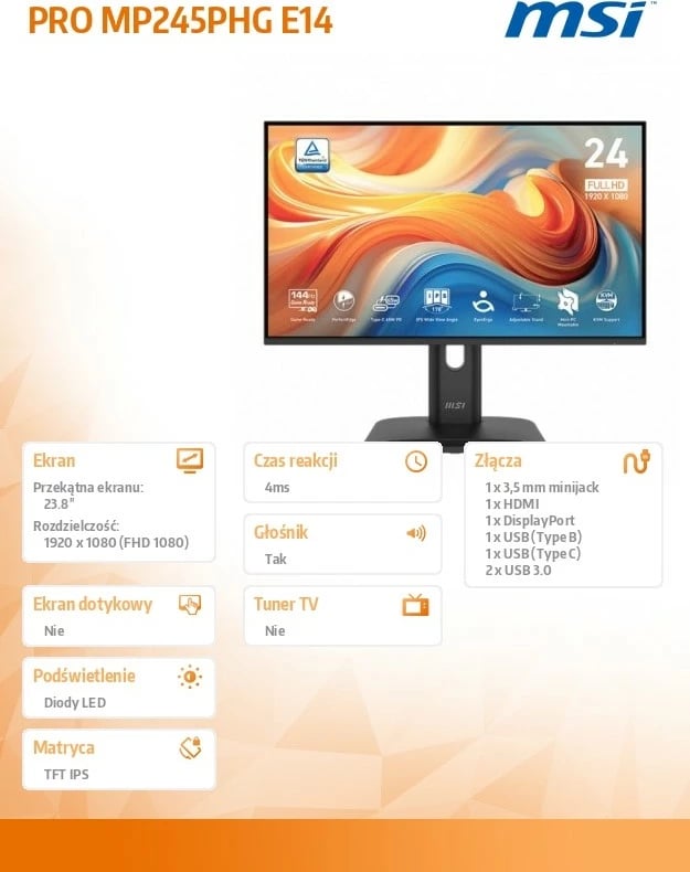 Monitor MSI PRO MP245PHG E14 23.8" FHD 144Hz IPS Flat USB-C 65W KVM, e zezë