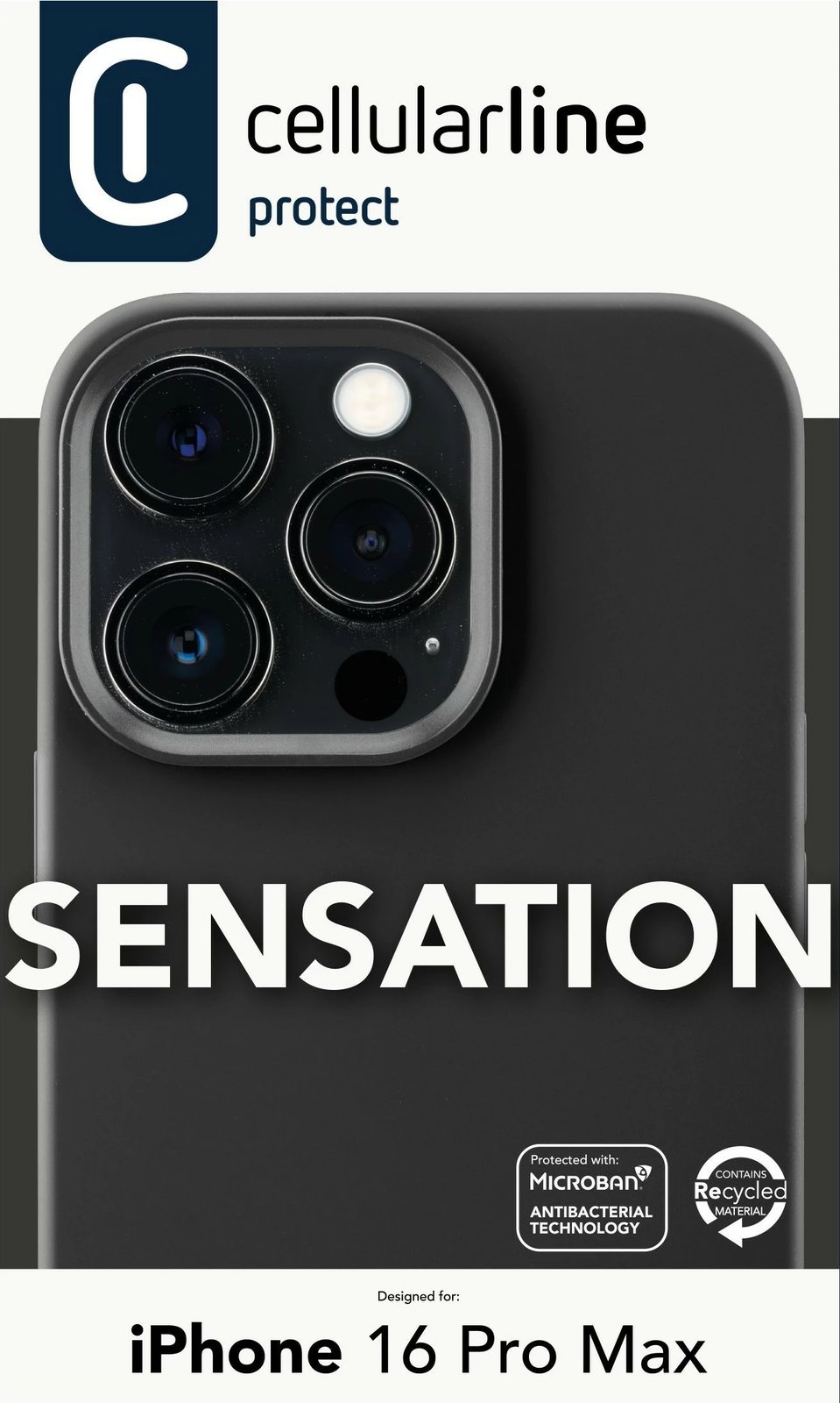 Mbështjellës Cellular Line Sensation për iPhone 16 Pro Max, i zi