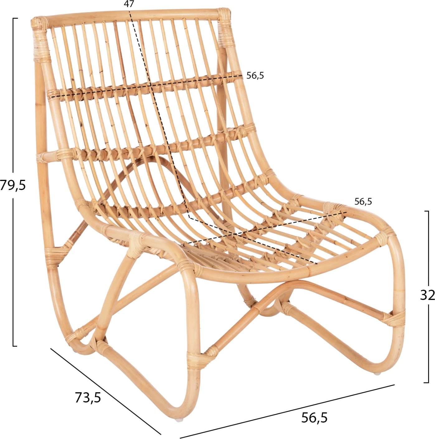 Karrige e jashtme GRINN, shkopinj rattan, ngjyrë natyrale, 56.5x73.5x79.5H cm