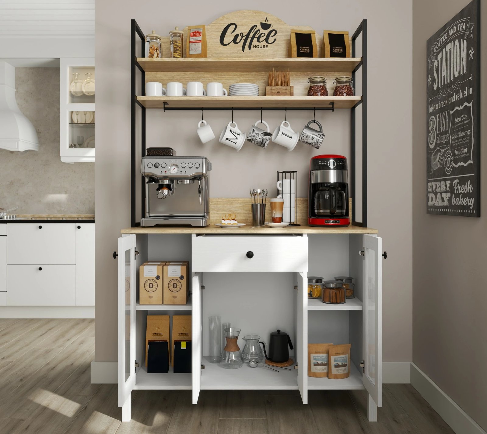 Dollap për kafe, ngjyrë druri dhe e bardhë, FRN-20075