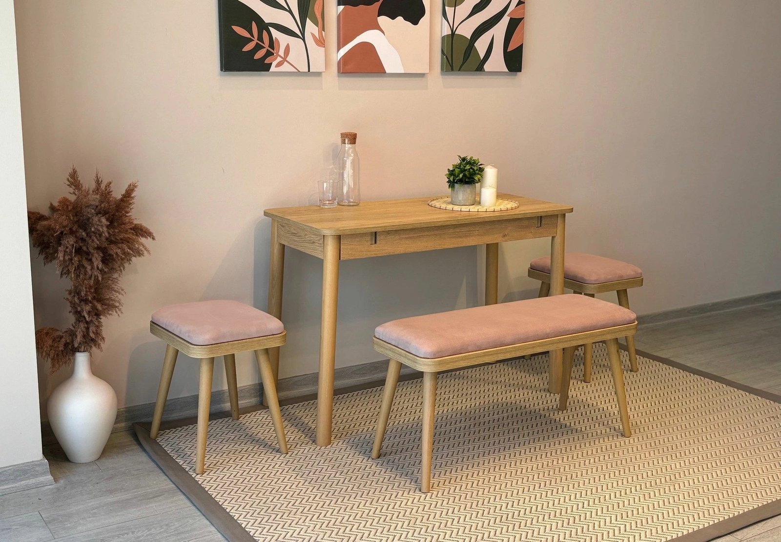 Set tavoline me karrige, zgjatës, 4 pjesë, Skye Decor, Vina Mini 04 0900, ngjyrë lis, gur