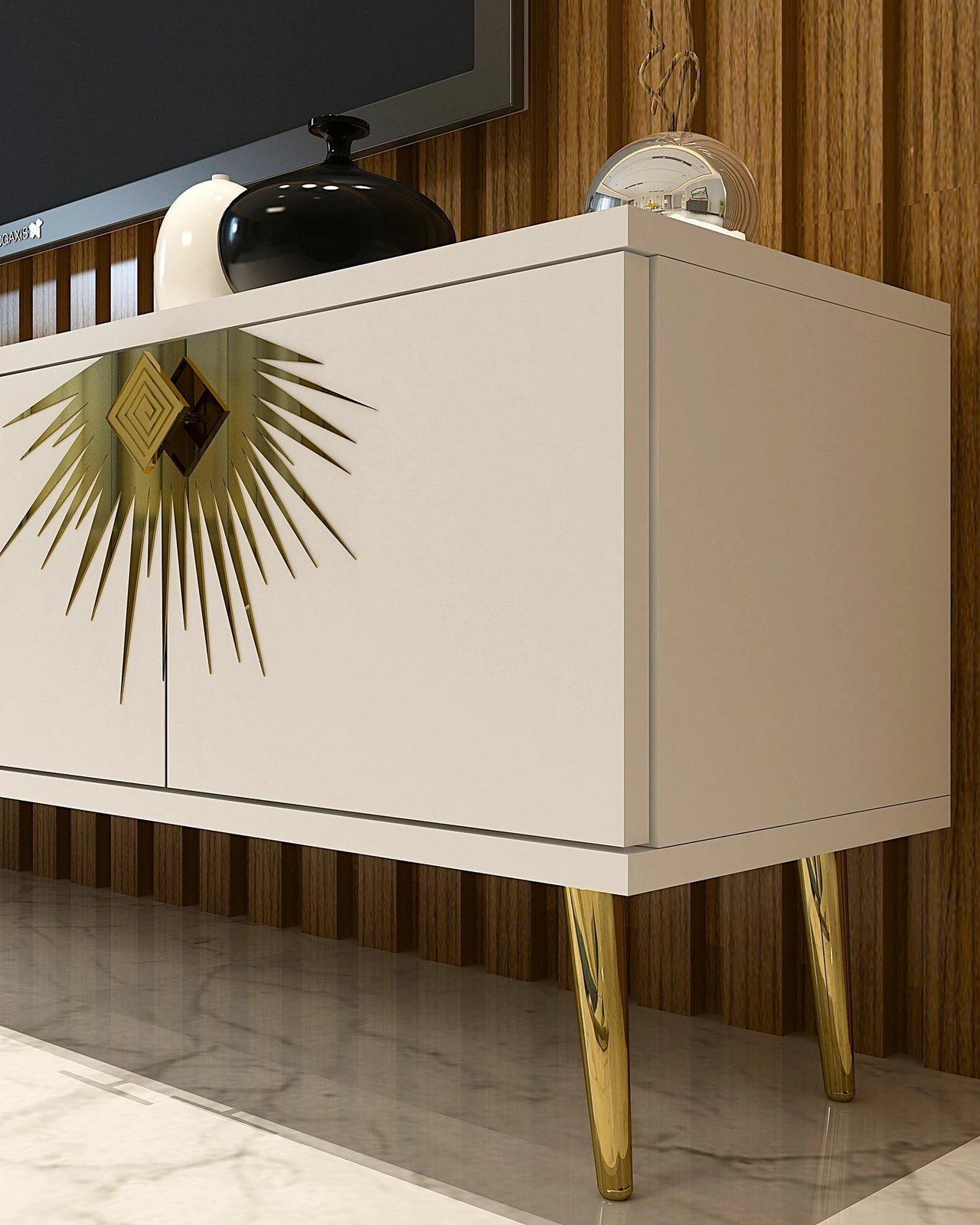 Komodë për TV, Skye Decor, e bardhë, e artë