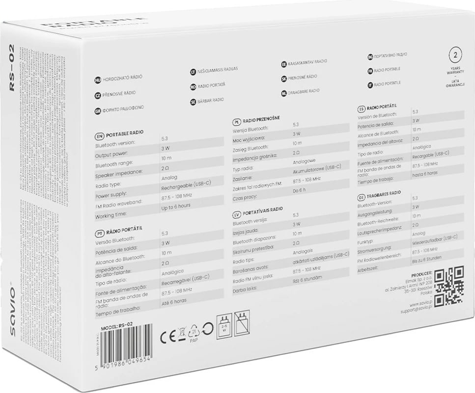 Radio portabile SAVIO RS-02, Bluetooth 5.3, alarm, e bardhë