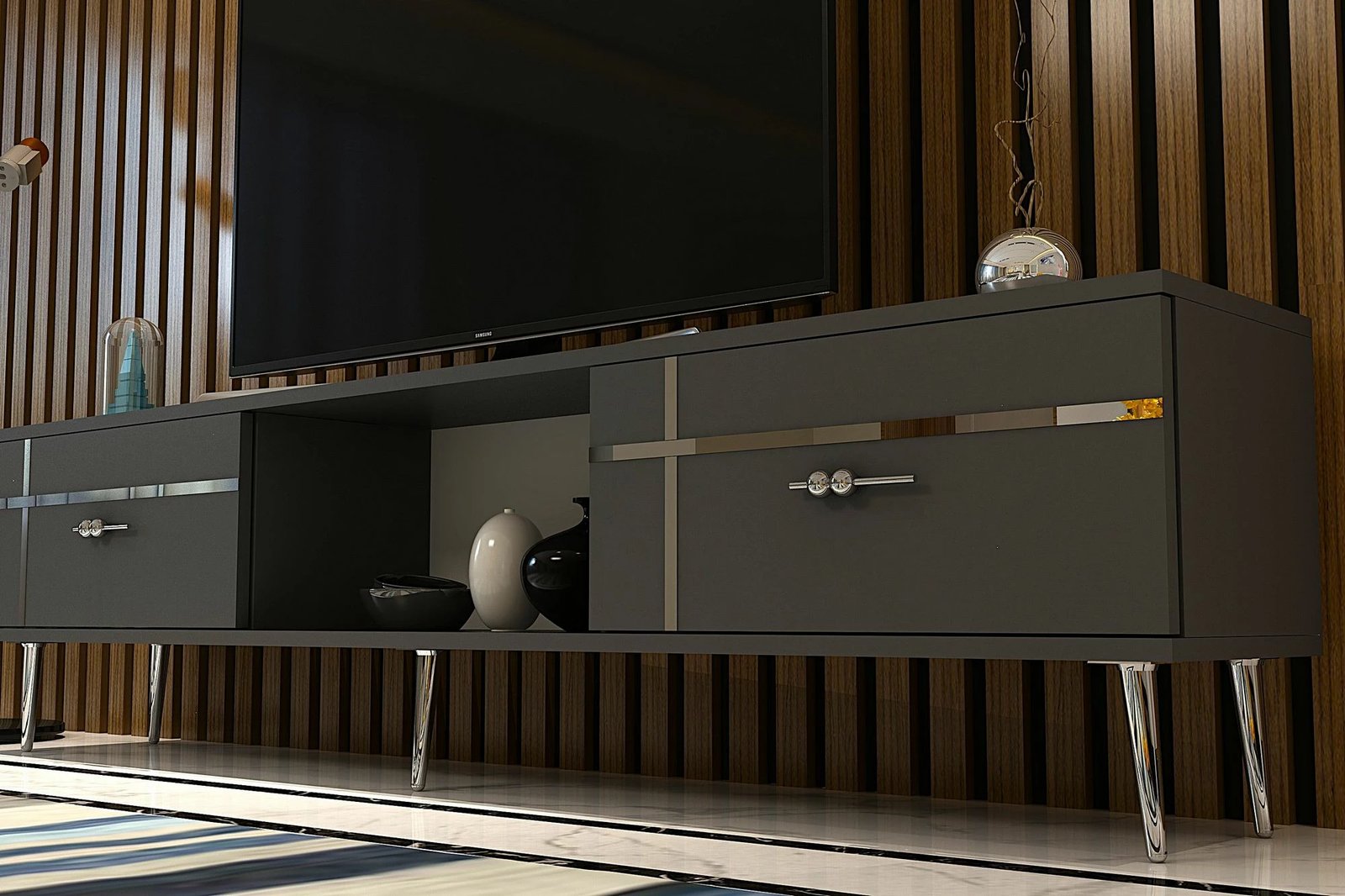 Komodë për TV, ngjyrë antracit dhe argjendi, Skye Decor