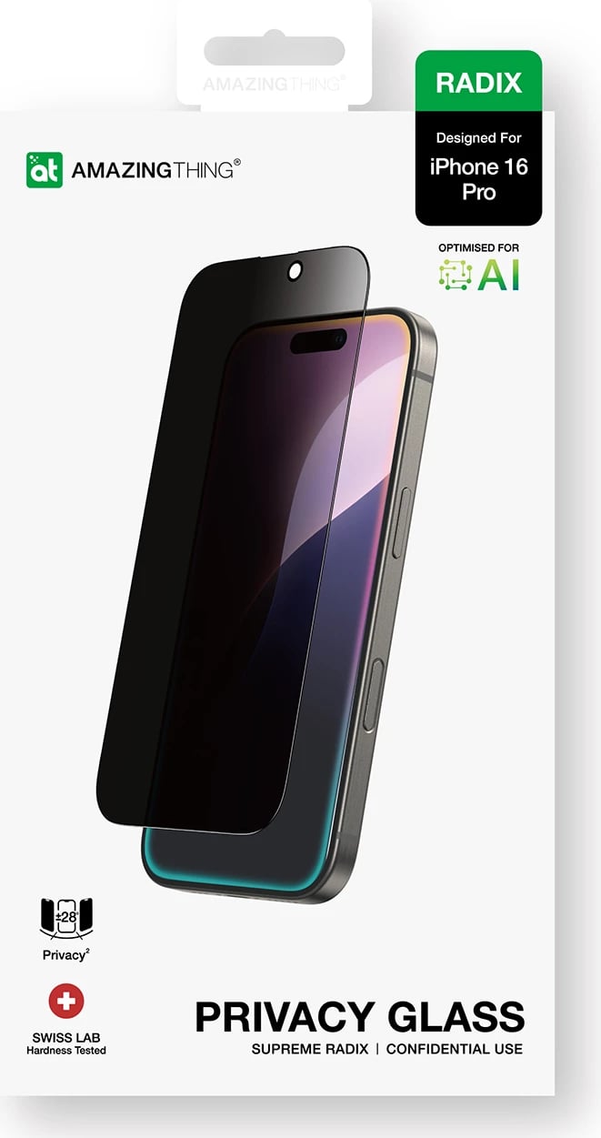 Xham privatësie AmazingThing Radix Privacy Glass për iPhone 16 Pro, i zi