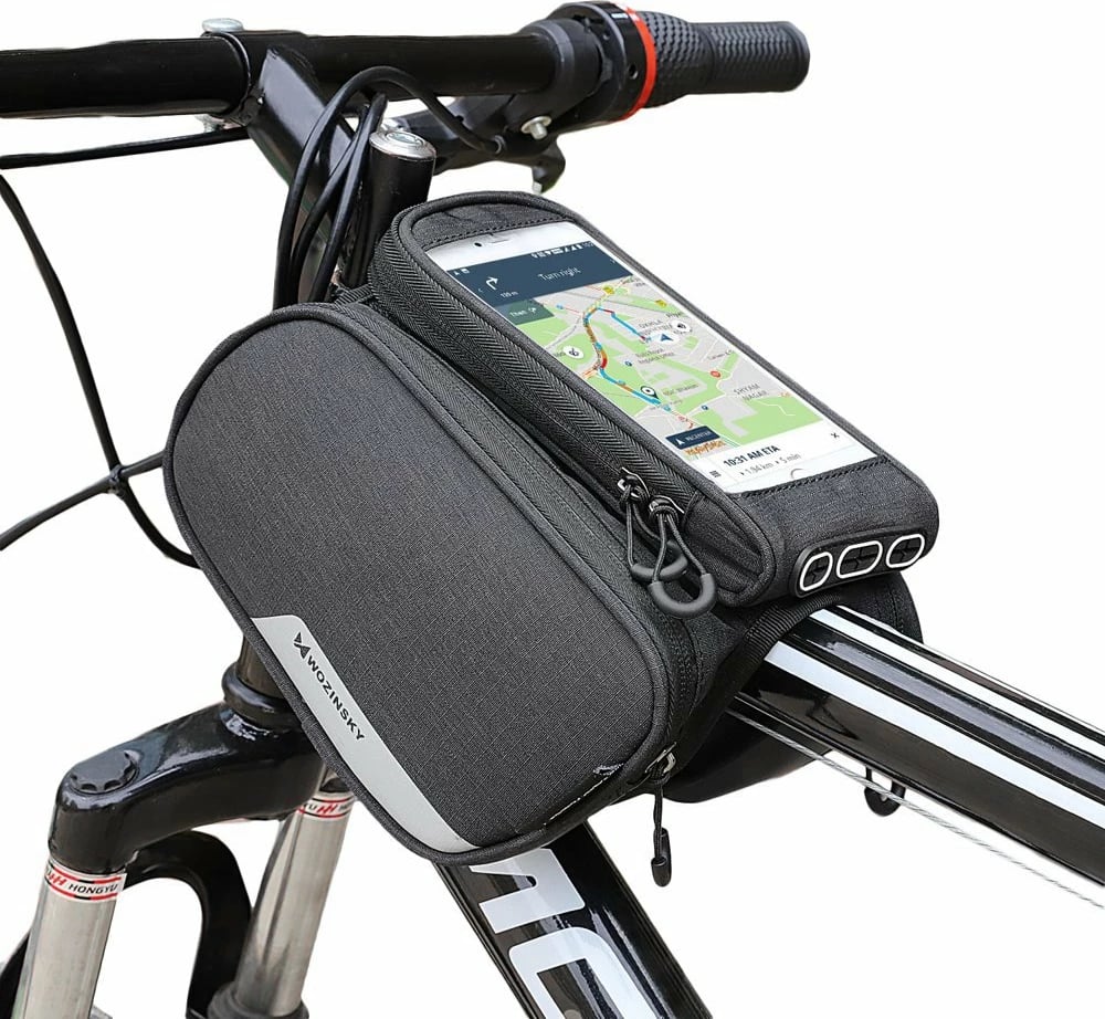 Çantë biçiklete Wozinsky WBB7BK për kornizë, me mbështjellës telefoni deri 6.5", 1.5L, e zezë
