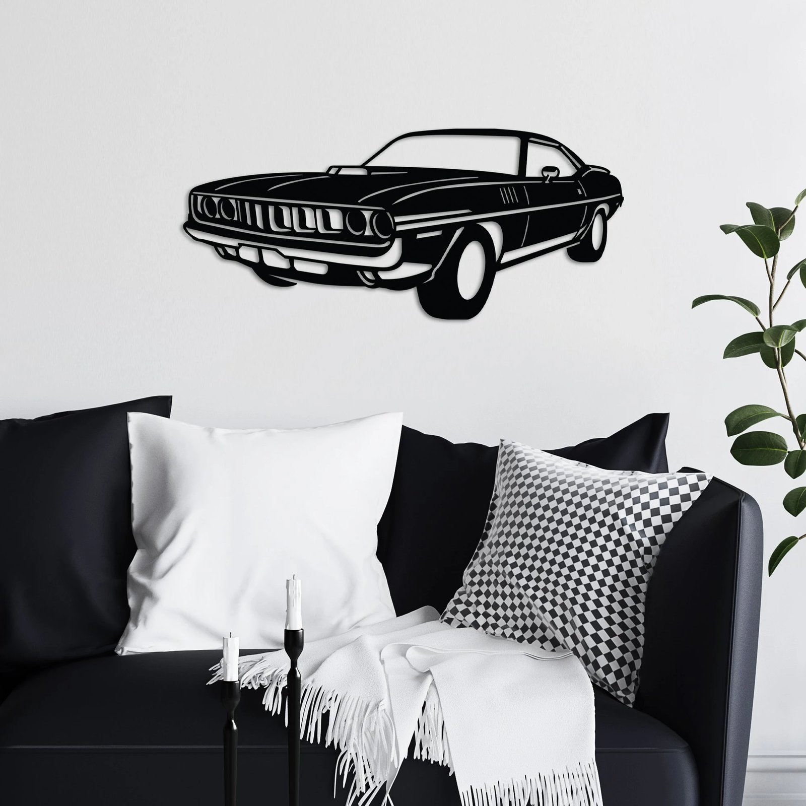 Aksesor dekorativ metalik për mur, Plymouth Barracuda 1971, ngjyrë e zezë, 60x26cm