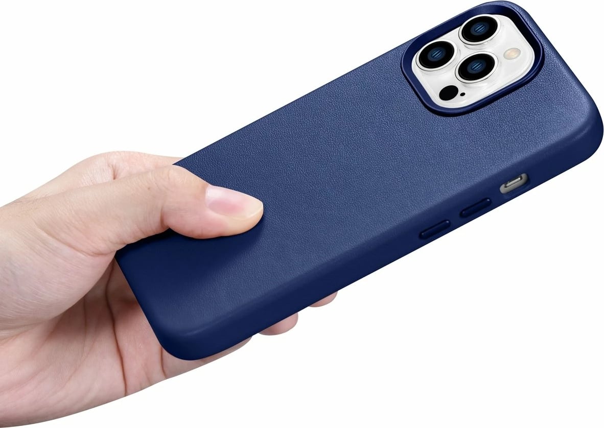 Mbështjellës iCarer për iPhone 14 Pro Max, lëkurë natyrale, MagSafe, kaltër