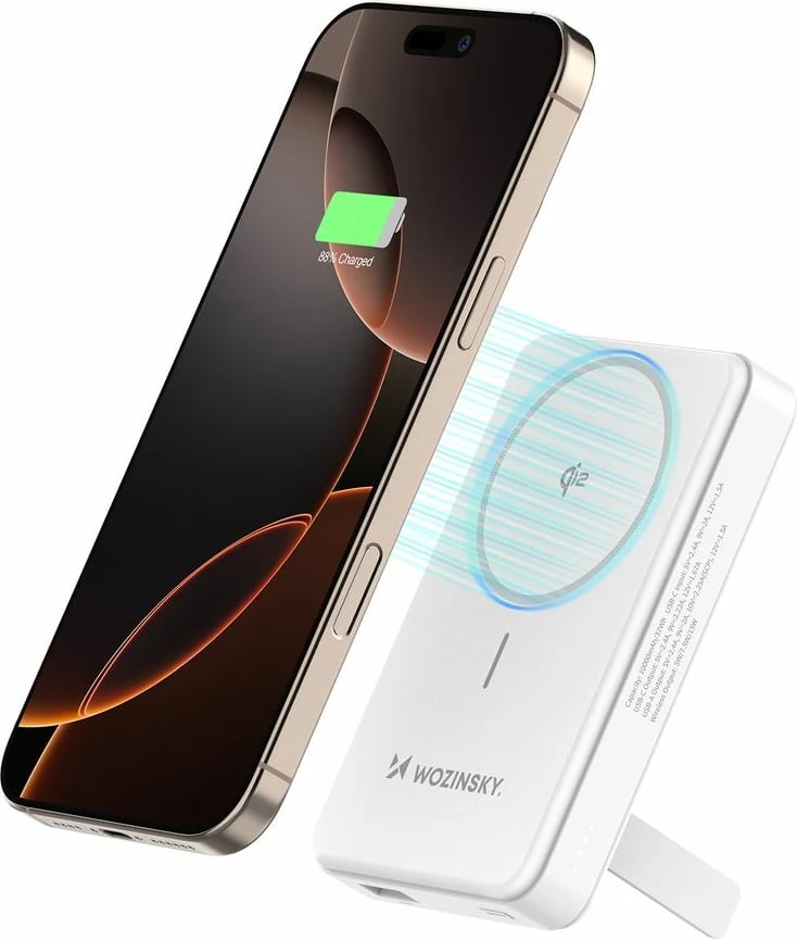 Powerbank Wozinsky WLWP-10KA0Y3WS, 10000 mAh, Qi2, MagSafe, me mbajtëse, Bardhë Powerbank Wozinsky WLWP-10KA0Y3WS, 10000 mAh, Qi2, MagSafe, me mbajtëse, Bardhë