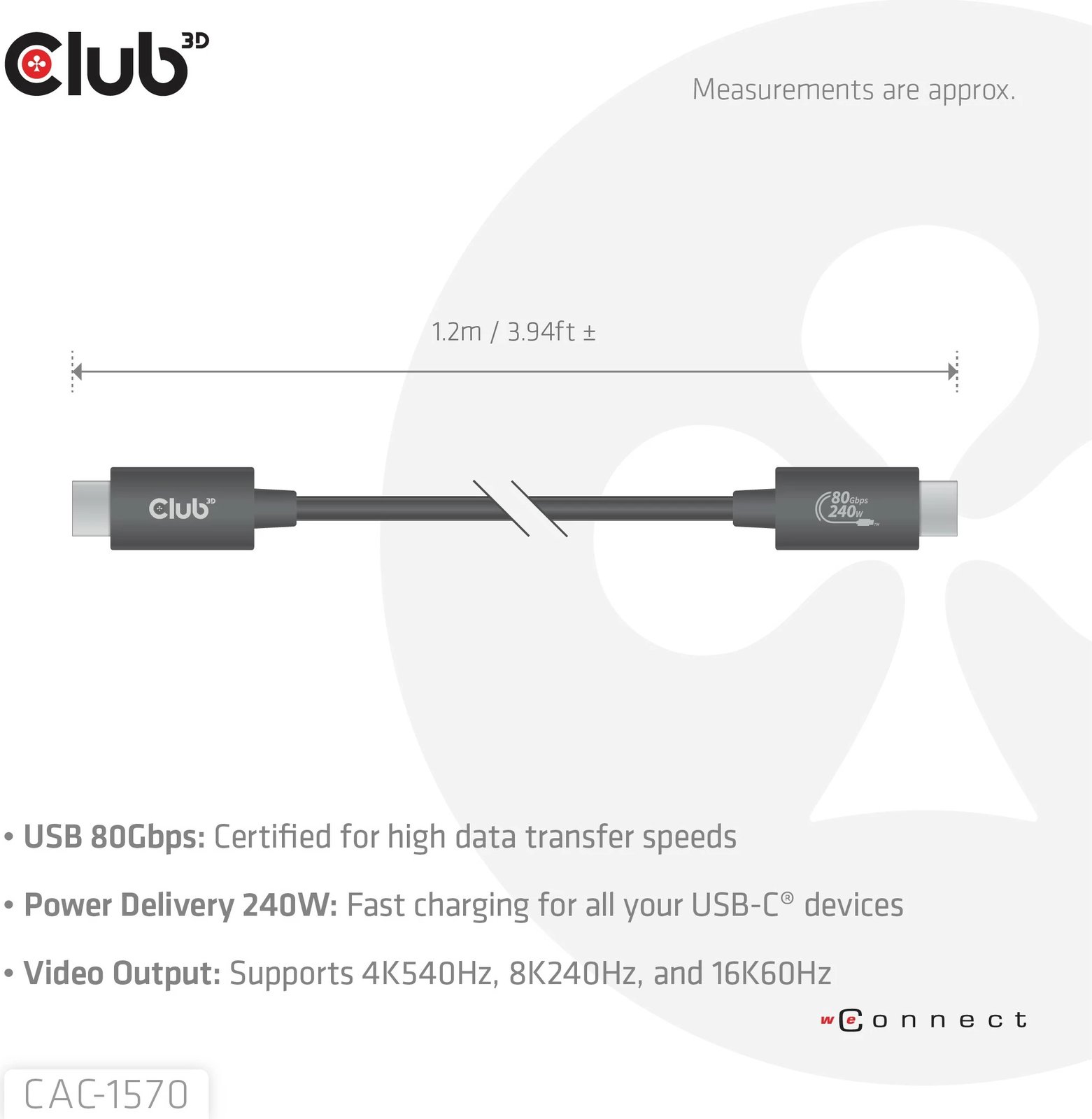 Kabllo USB-C Club3D CAC-1570, 80Gbps, 240W, 8K240Hz, 1.2m, e zezë