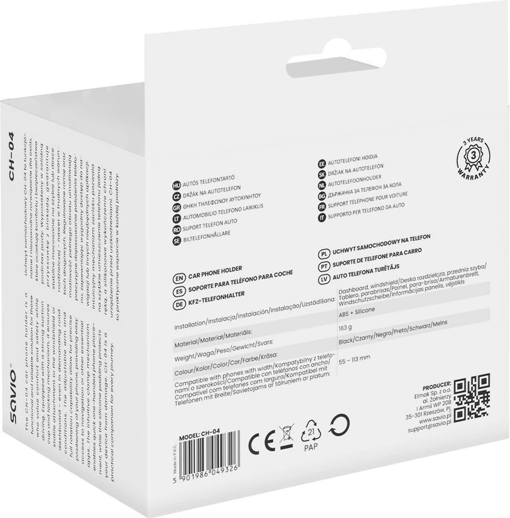 Mbajtës telefoni SAVIO CH-04 për xham veture, i zi