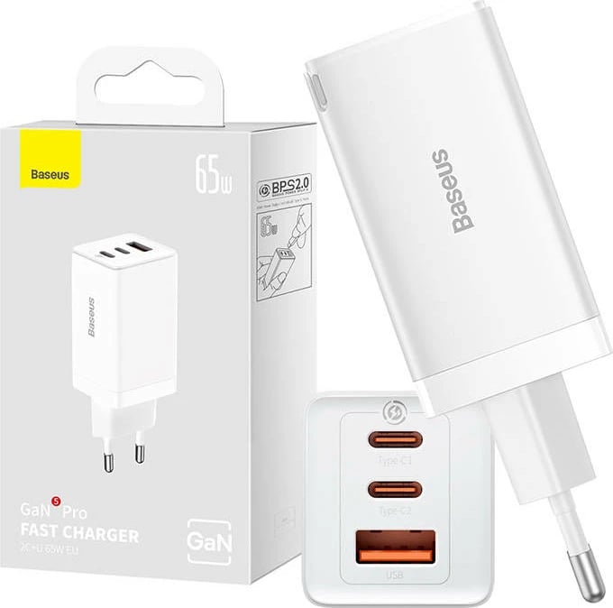 Karikues muri Baseus GaN5 Pro, 65W, 2x USB-C + USB, i bardhë