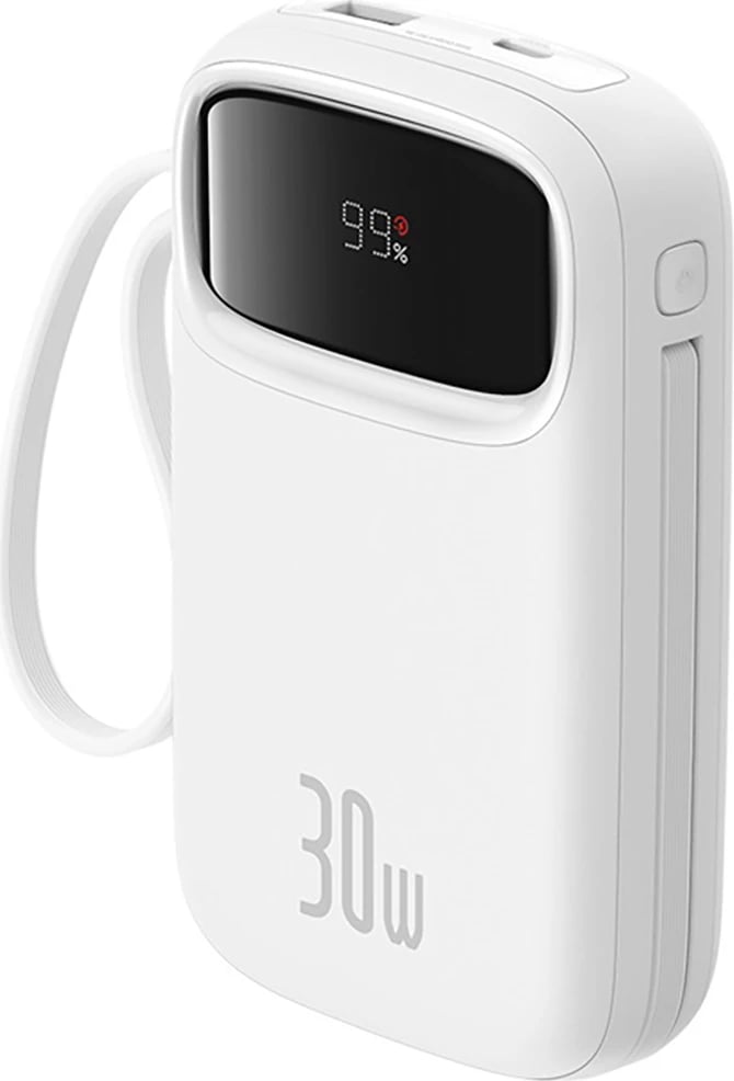 Power bank Baseus QPow 2, 10000mAh, 30W, me kabllo USB-C të integruar, Bardhë