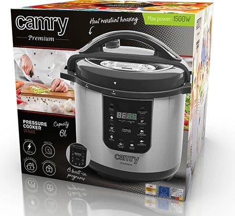 Olla me presion elektrike Camry CR 6409, 6L, 1000W (max 1500W), 8 programe, tas çelik inox SUS304 i heqshëm, timer dhe vonesë nisje, mbajtje ngrohtë, argjendtë/zezë